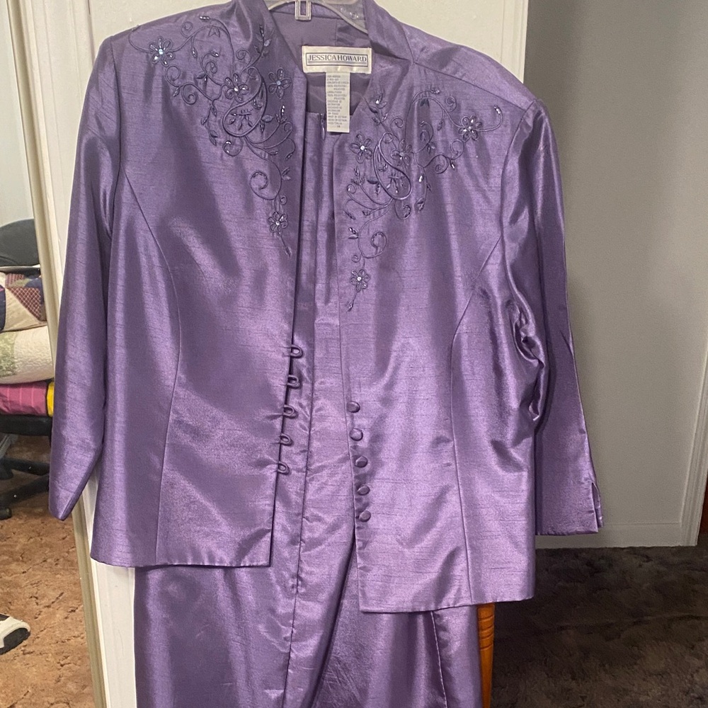 Purple Embellished Jacket and Dress Set